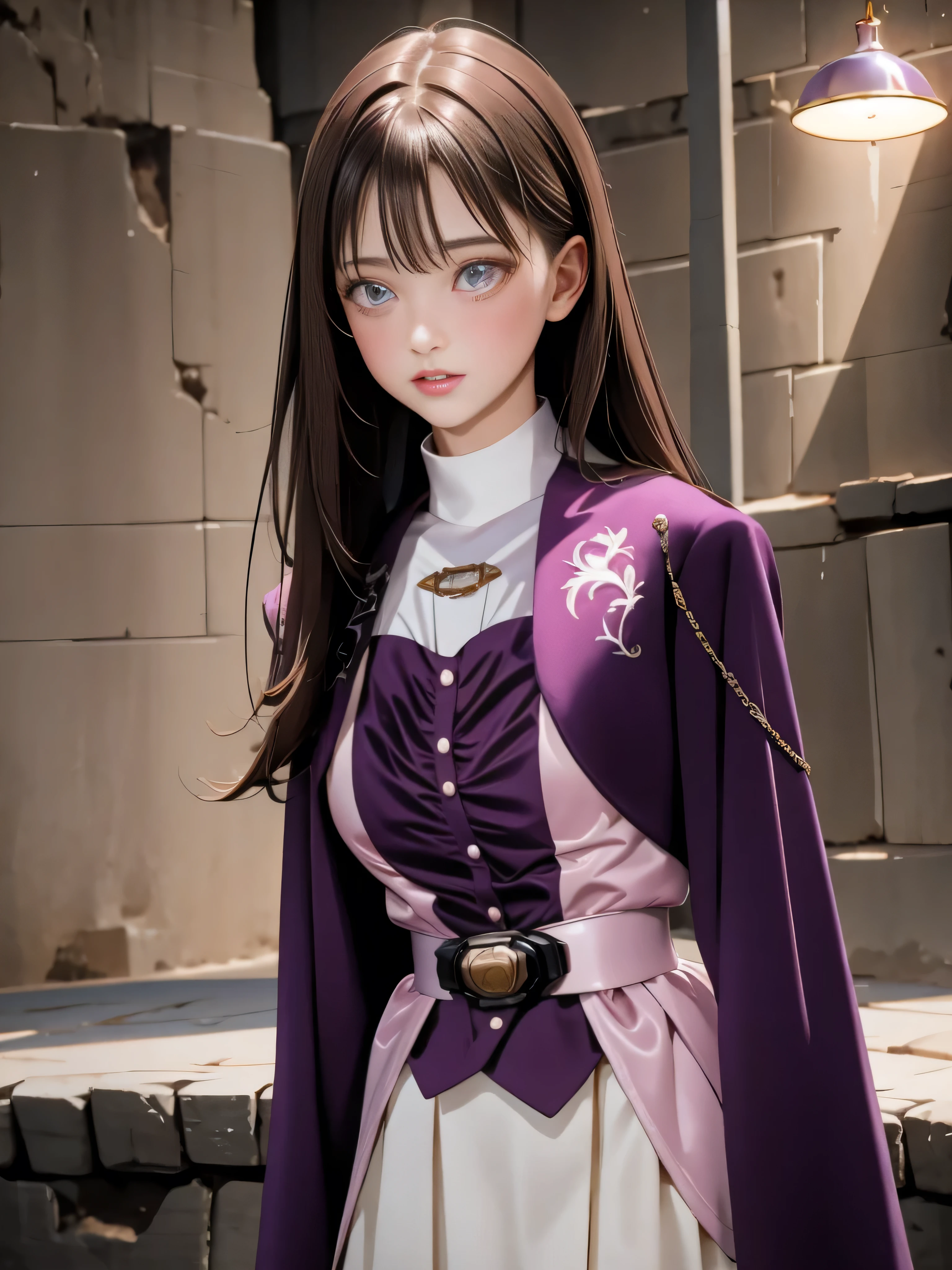 (High-definition CG), (Best Quality),In a very dark cave,In a creepy cave,One Woman, Perfect Face,Shiny skin, Wide Hips, Narrow waist,  ジュウレンジャーMay,May,Purple Jacket,White Skirt,Long sleeve, belt, Brown Hair,Anxious face,Straight hair, Character portrait, Crying, 