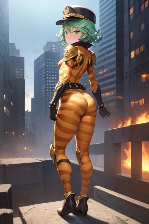 Masterpiece, best quality, ultra detailed, illustration, lighting epic, cinematic composition, 1 girl, Tatsumaki, short hair, green hair, very small breasts, green eyes, bright eyes, blushing, closed mouth, piercing gaze, full body, Brown Vintage Aviator Helmet, Spiked Helmet, Big Goggles, Blue Scarf, Brown Collar, Rather Short, Very Thin, Spikes On Forearms, Brown Details, Big Brown Leather Gloves, Brown Wrist Guards, Brown Nanotech Suit, Light Armor, White Chest With An Emblem, High Shoulder Pads, Brown Suit With Orange Stripes, Orange Tiger Stripes, Triangular Emblem On Chest, Very Small Breasts, Blue Emblem, Brown Pants, Brown Knee Pads, Metallic Brown Boots, Metallic Brown Shoes, Black Superhero Belt, Standing On Building, City Background, anime, looking back