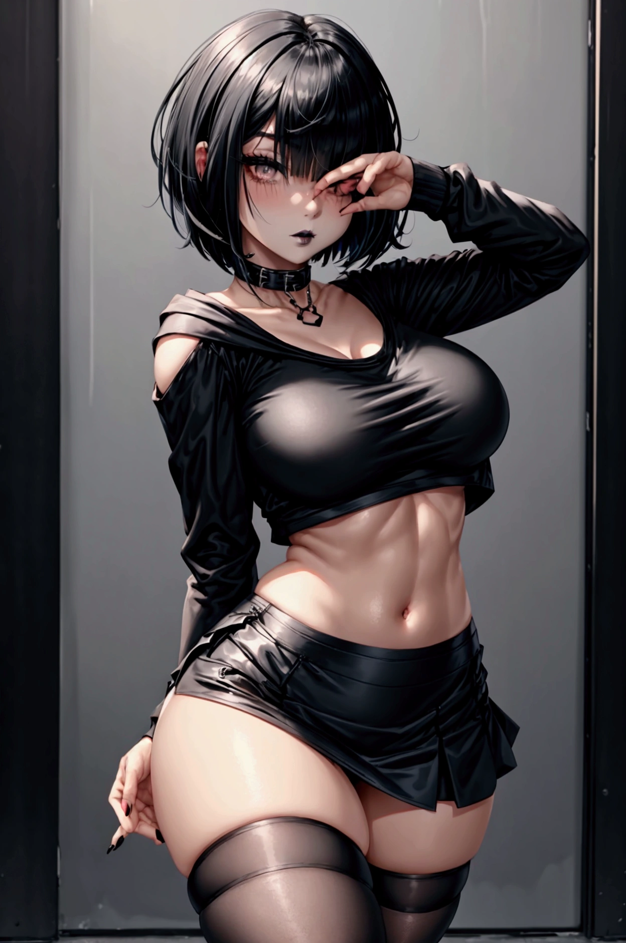 A tall anime girl with a waist, loose black short hair, black necklaces, black bra, shorts with chains, rings and white skin 