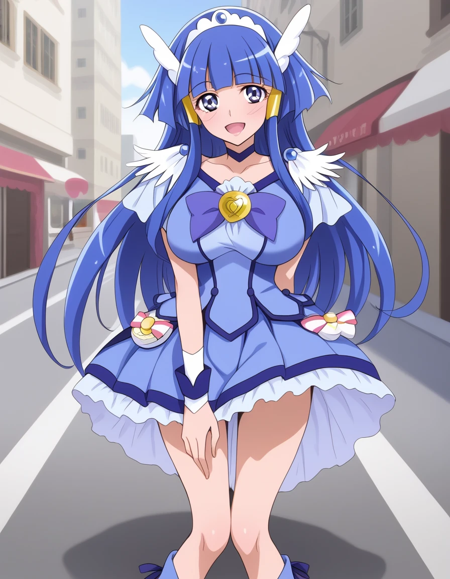 score_9, score_7_up, masterpiece, best quality, source_anime, perfect face, beautiful detailed eyes, anime screencap, BREAK AR-CB, 1girl, blue eyes, long hair, hair tube, sidelocks, blue hair, blunt bangs, hair ornament, head wings, tiara, blue choker, blue bow, blue skirt, blue wrist cuffs, knee BREAK huge breast:1.8, smile, blush, open mouth, standing, cute pose, head tilt, BREAK outdoor, city, street, cowboy shot, (upskirt, white pantie,)