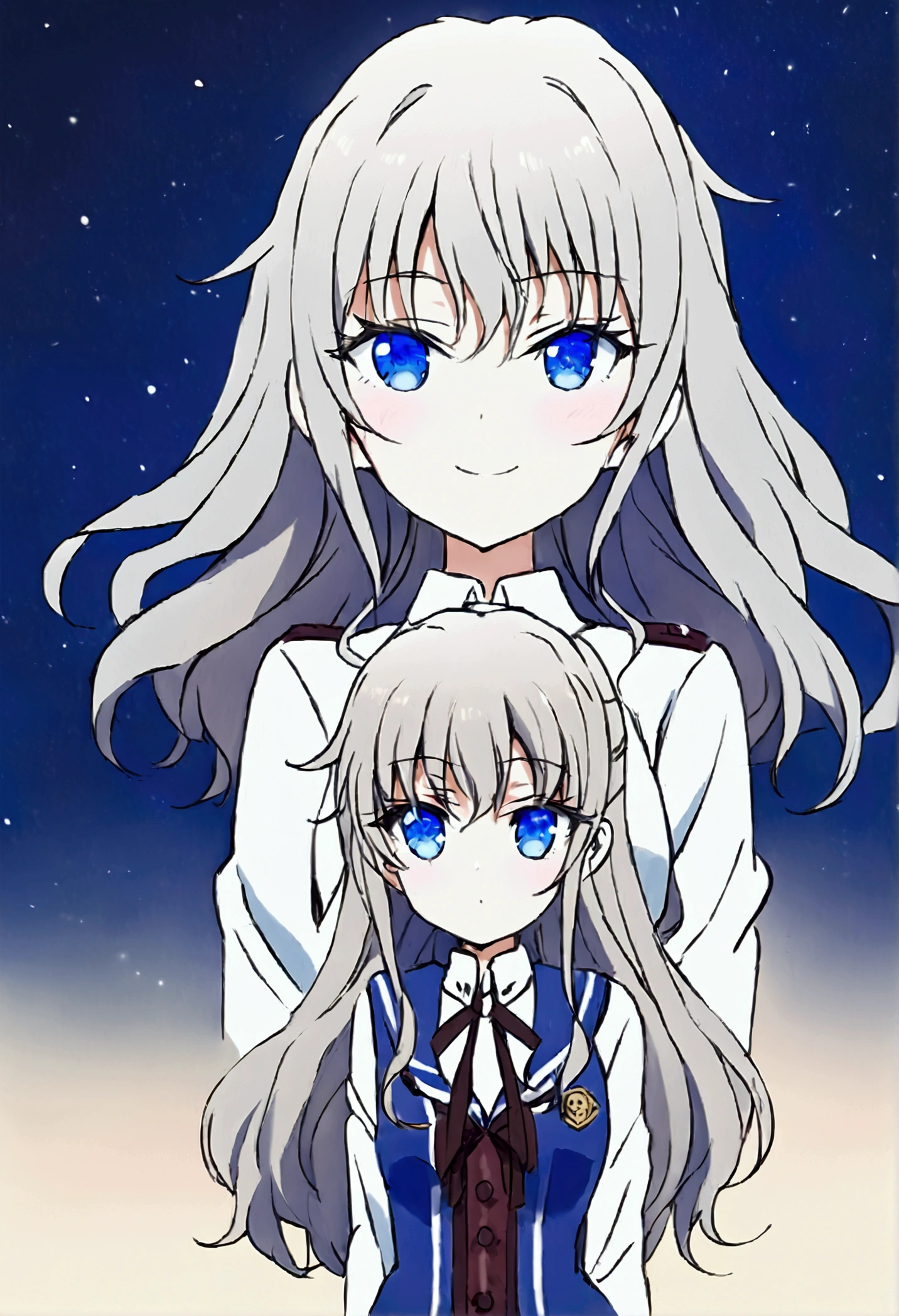 Three of her. Mirroring Clone Tomori Nao. Three of Tomori Nao. Anime girls Charlotte Tomori Nao. ,long light brown hair,to become uniform unique blue color eyes, I smile, Simple background, Great job, precise, Anatomy is correct, Best quality,   Side view looking at starry night sky (All the girls have the exact same face, The two have the same face and figure, as if they were mirror images.)