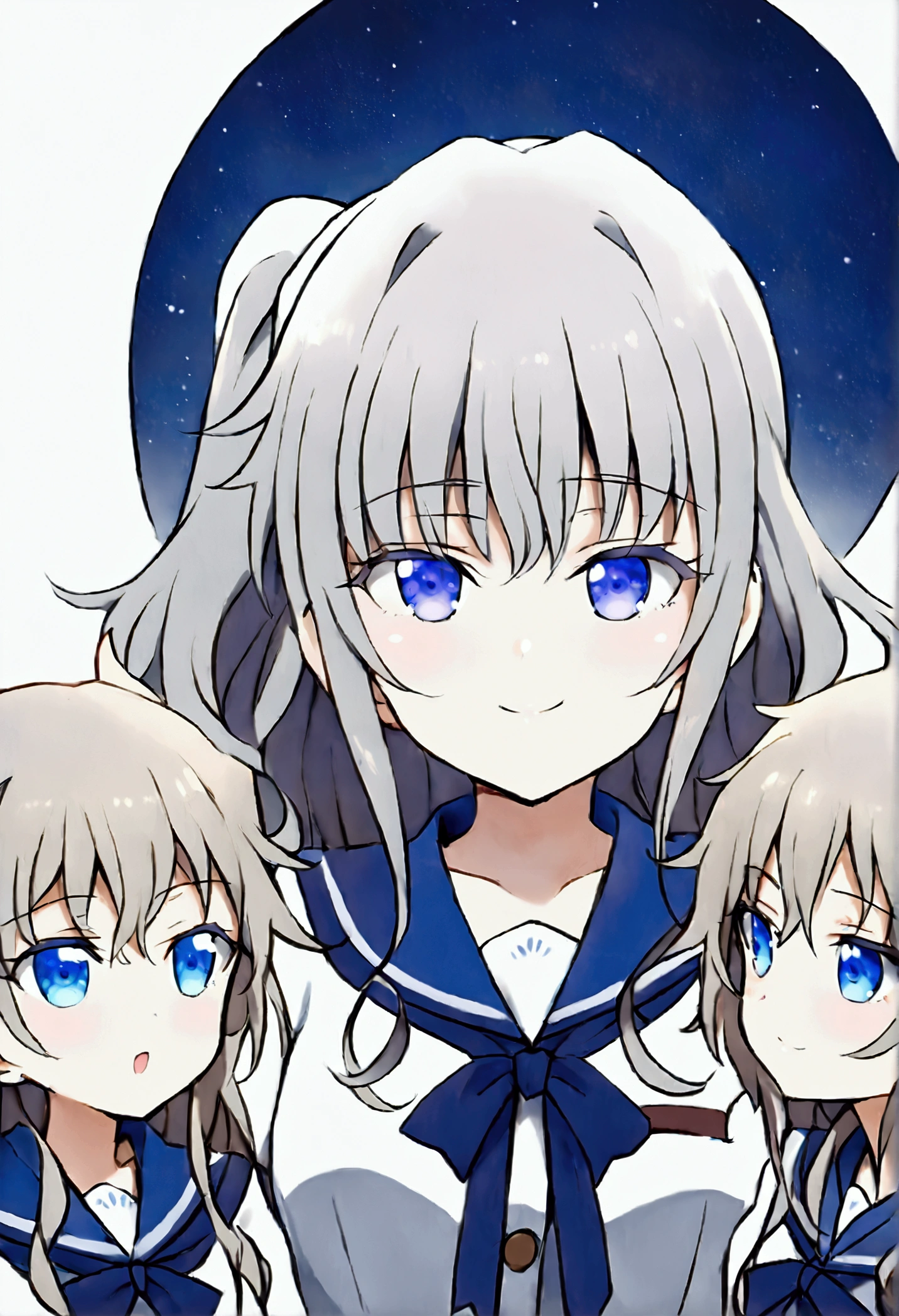 Three of her. Mirroring Clone Tomori Nao. Three of Tomori Nao. Anime girls Charlotte Tomori Nao. ,long light brown hair,to become uniform unique blue color eyes, I smile, Simple background, Great job, precise, Anatomy is correct, Best quality,   Side view looking at starry night sky (All the girls have the exact same face, The two have the same face and figure, as if they were mirror images.)