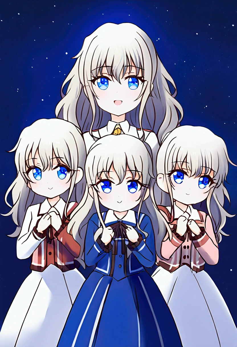 Three of her. Mirroring Clone Tomori Nao. Three of Tomori Nao. Anime girls Charlotte Tomori Nao. ,long light brown hair,to become uniform unique blue color eyes, I smile, Simple background, Great job, precise, Anatomy is correct, Best quality,   Side view looking at starry night sky (All the girls have the exact same face, The two have the same face and figure, as if they were mirror images.)