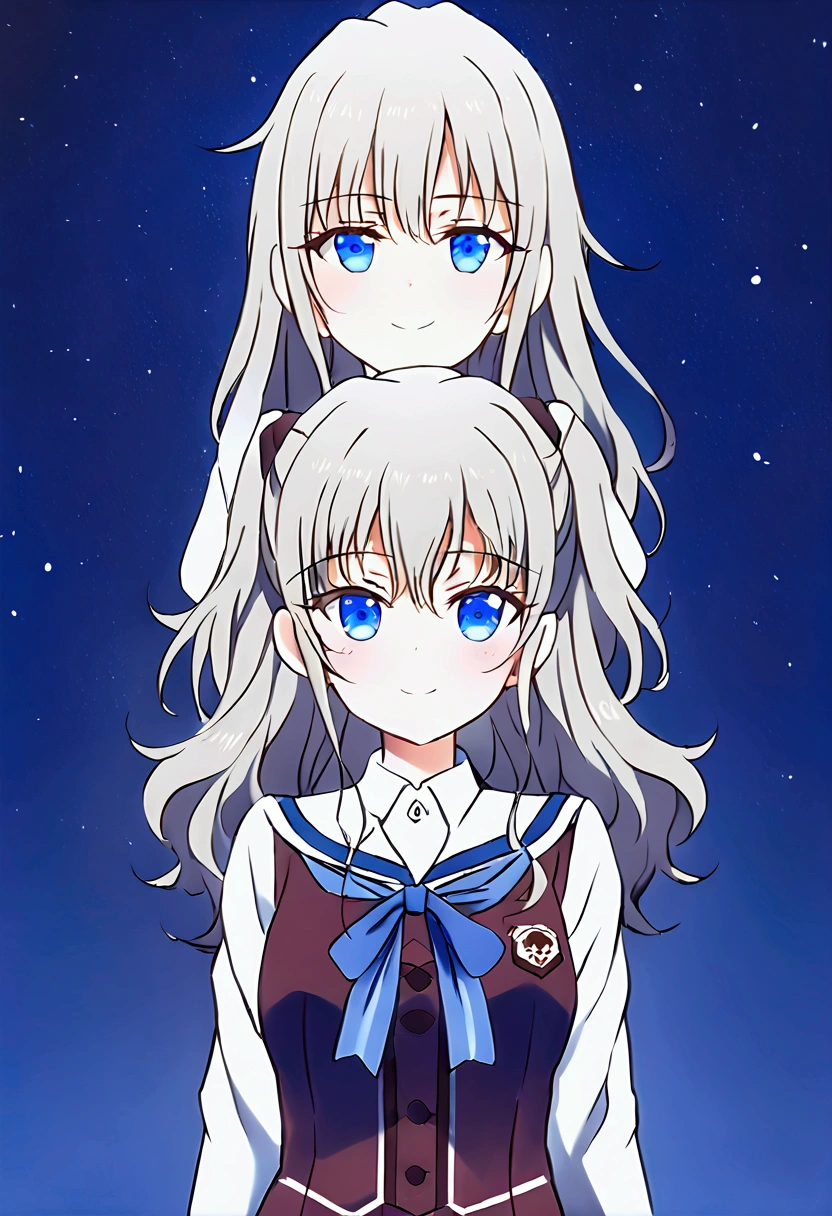 Three of her. Mirroring Clone Tomori Nao. Three of Tomori Nao. Anime girls Charlotte Tomori Nao. ,long light brown hair,to become uniform unique blue color eyes, I smile, Simple background, Great job, precise, Anatomy is correct, Best quality,   Side view looking at starry night sky (All the girls have the exact same face, The two have the same face and figure, as if they were mirror images.)