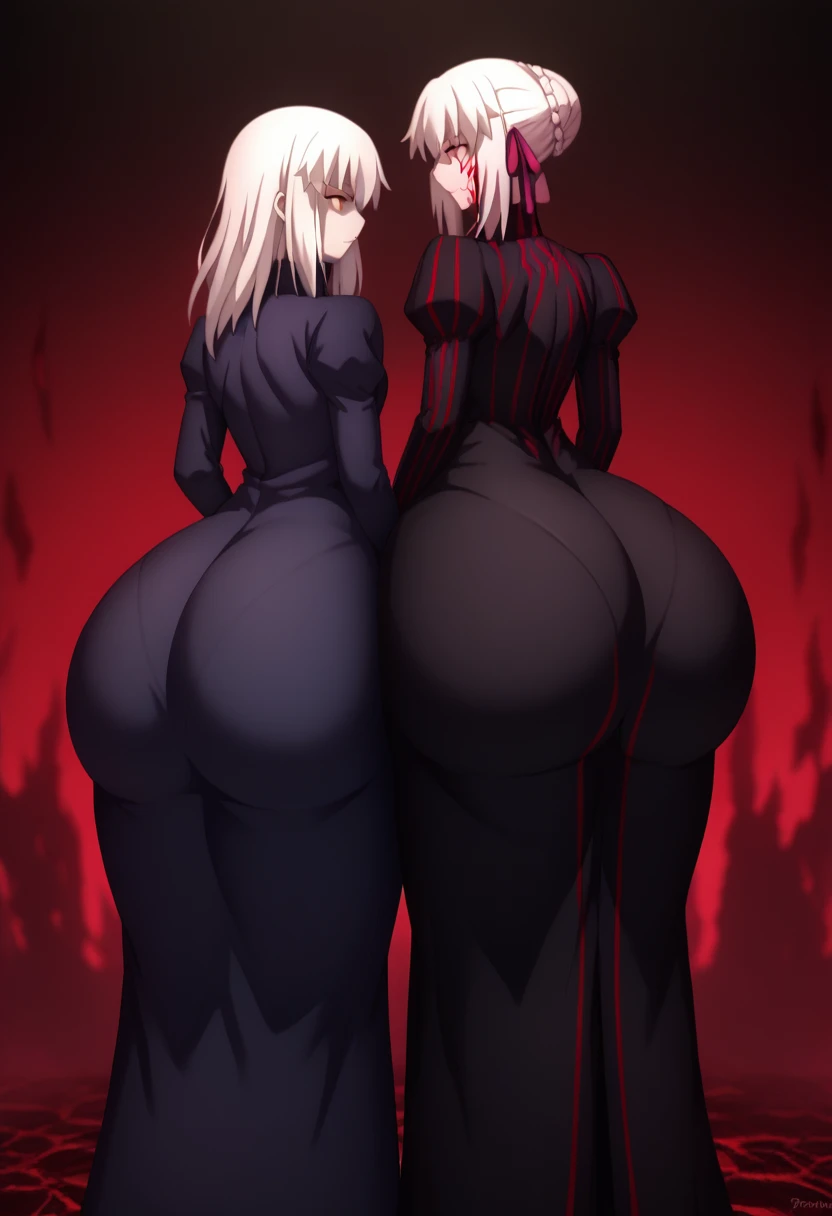 Highest quality, High Resolution, two females, Two girls side by side., Artoria Pendragon (Alter), sakura matou, ass, hyper ass, huge is, big ass, wide hip, ass focus, gigantic ass, thick thighs, massive thighs, Two people standing side by side, Turning her back to the viewer, Butt bumping, fat ass, Two people standing side by side, long hair, red eyes, white hair, hair ribbon, empty eyes, dark persona, corruption, dress, black dress, turtleneck, striped, long sleeves, sakura matou, long hair, red eyes, white hair, hair ribbon, empty eyes, dark persona, corruption, dress, black dress, turtleneck, striped, long sleeves, masterpiece,