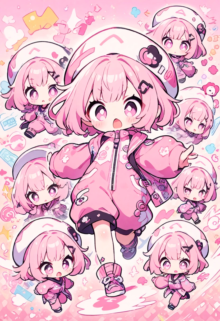 kawaii chibi character girl, pink bob haircut, cute big round eyes, expressive and various expressions, wearing baggy pink jumpsuit, baggy hat, running, background vivid color pattern patchwork wallpaper, conceptual installation art, BREAK delicate and dynamic textures, 2.5D, digital graphic CG, BREAK ultra detailed, absolutely resolution, best quality