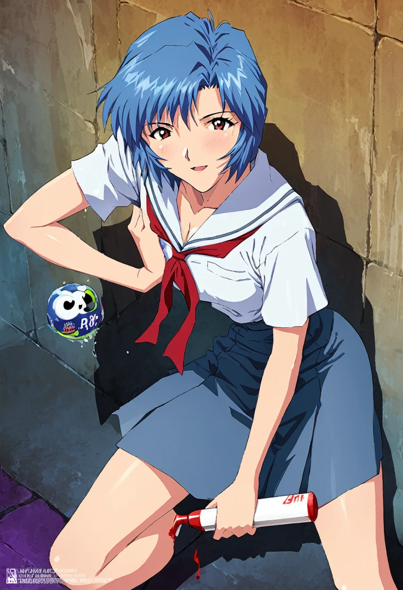 A masterpiece portrait of smiling Rei Ayanami (Evangelion), Evangelion (Hideaki), Caustics, High resolution illustrations, Red eyes, feminine, No students, Blue Hair,  short hair, Japanese School Uniform, , Spank, Synthwave, paint Splashs, Flat illustration with shadow, Digital Art, Trending on ArtStation, Very detailed, The finer details, Complex, Splash, Overtake, Vaporware, Neon Colors