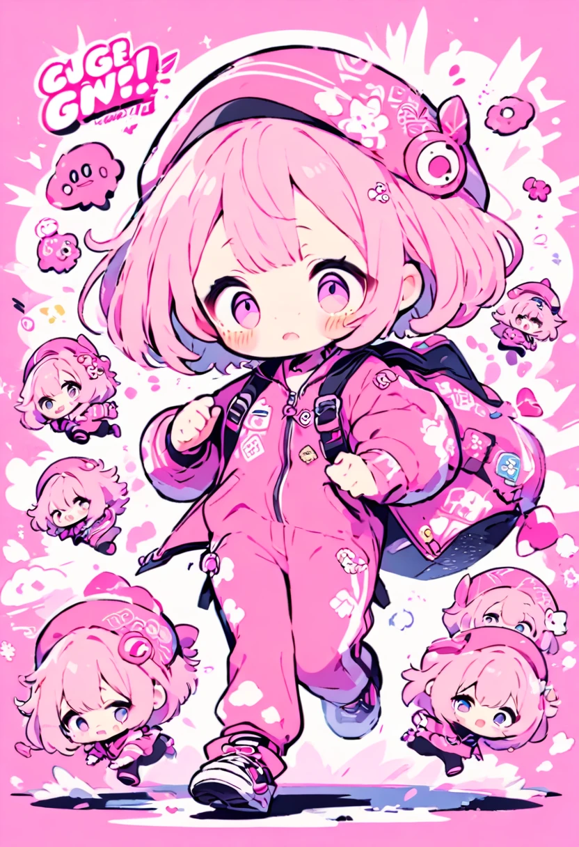 kawaii chibi character girl, pink bob haircut, cute big round eyes, expressive and various expressions, wearing baggy pink jumpsuit, baggy hat, running, background vivid color pattern patchwork wallpaper, conceptual installation art, BREAK delicate and dynamic textures, 2.5D, digital graphic CG, BREAK ultra detailed, absolutely resolution, best quality