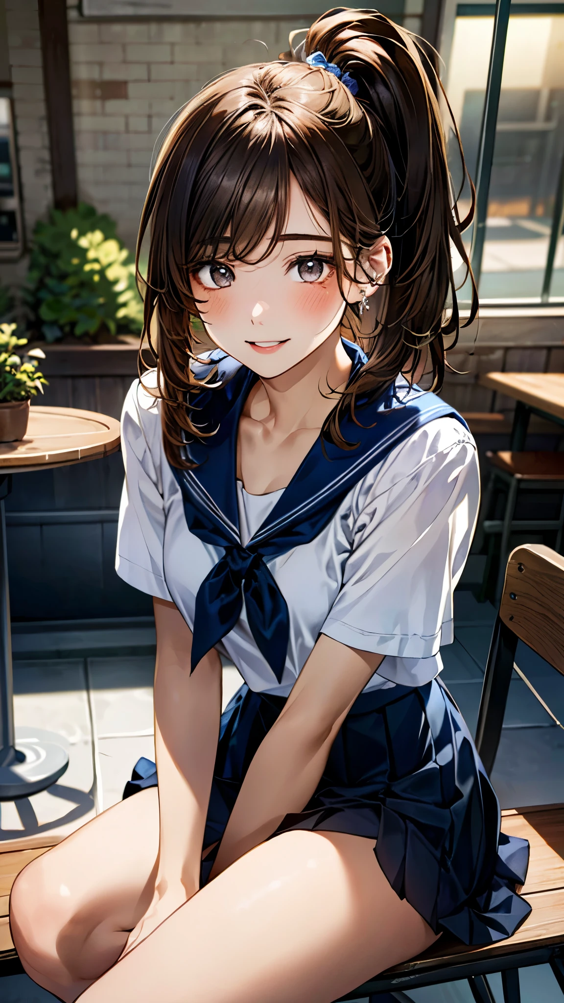 ((((, , perfect anatomy, super detailed skin)))), 1 girl, japanese, 14 years old, shiny skin, large breasts:0.5, watching the view, (smile:1.5),
beautiful hair, beautiful face, beautiful detailed eyes, (long hair:1.7, straight hair:1.5, blunt bangs, hime cut), blond hair,
beautiful clavicle, beautiful body, beautiful chest, beautiful thigh, beautiful legs, beautiful detailed fingers, five fingers, babyface, , breast, mole under eye,
((navy school uniform, short sleeves, navy pleated skirt, sailor collar, extremely sexy, seductive thighs)), white panties, thong, crotch, camel toe
(beautiful scenery), evening, , (Inside the coffee shop), sitting, hands between legs, drink coffee,
(8k, top-quality, masterpiece:1.2, extremely detailed, , ), (photorealistic), beautiful illustration, cinematic lighting,