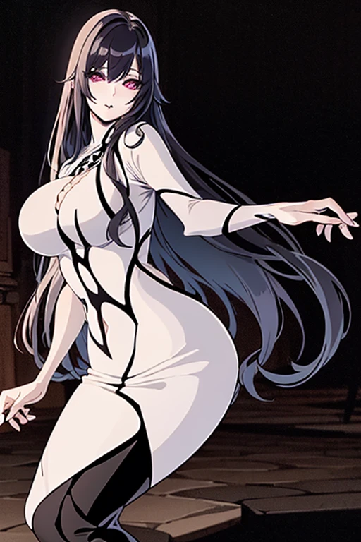 Fantasmatica waifu, with a long tight white dress , by the wide, ojos morados, black lipstick, long white hair, big bust , (adventure), high resolution 