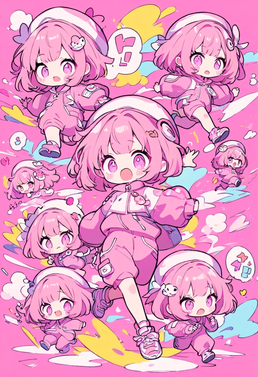 kawaii chibi character girl, pink bob haircut, cute big round eyes, expressive and various expressions, wearing baggy pink jumpsuit, baggy hat, running, background vivid color pattern patchwork wallpaper, conceptual installation art, BREAK delicate and dynamic textures, 2.5D, digital graphic CG, BREAK ultra detailed, absolutely resolution, best quality