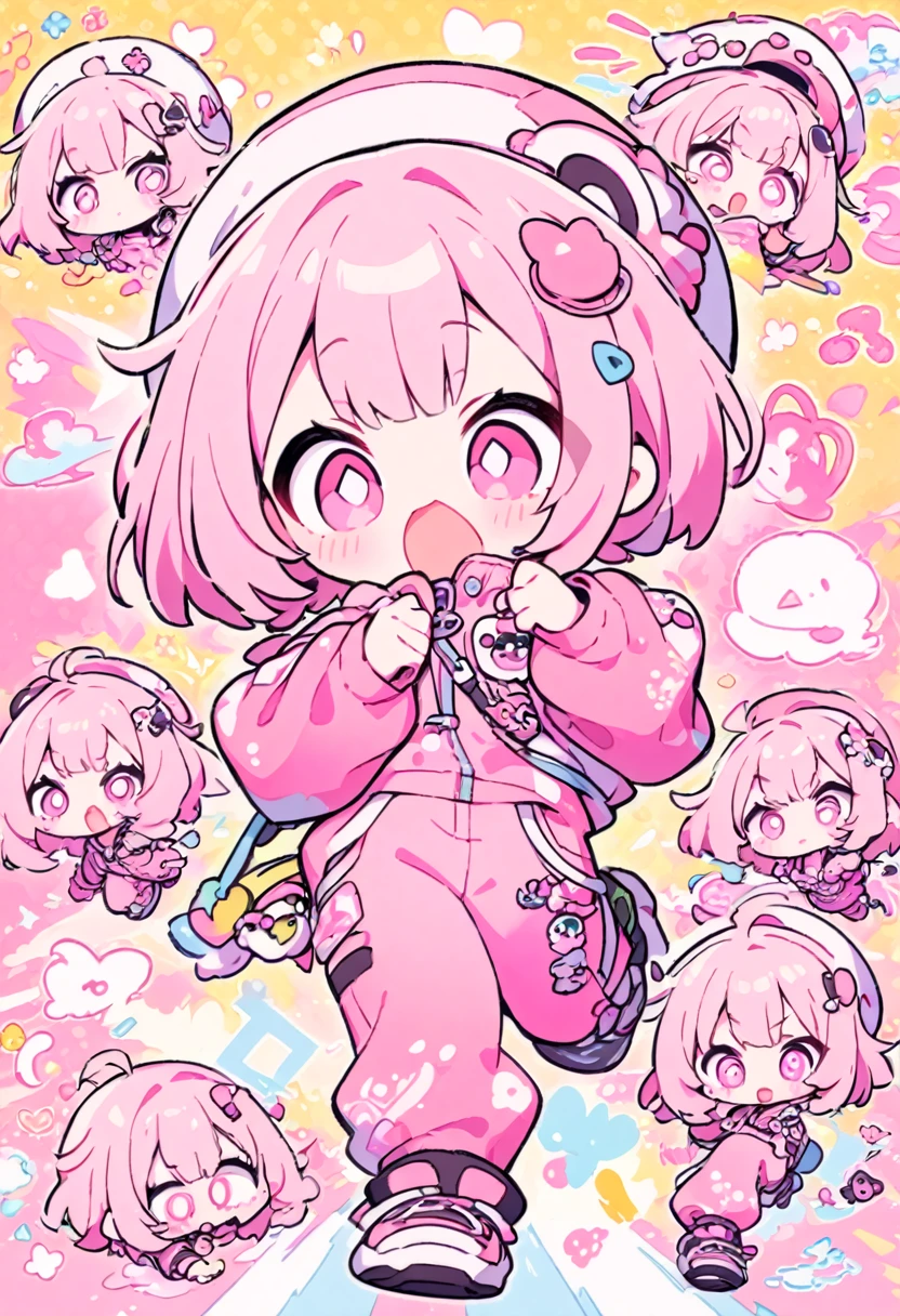 kawaii chibi character girl, pink bob haircut, cute big round eyes, expressive and various expressions, wearing baggy pink jumpsuit, baggy hat, running, background vivid color pattern patchwork wallpaper, conceptual installation art, BREAK delicate and dynamic textures, 2.5D, digital graphic CG, BREAK ultra detailed, absolutely resolution, best quality