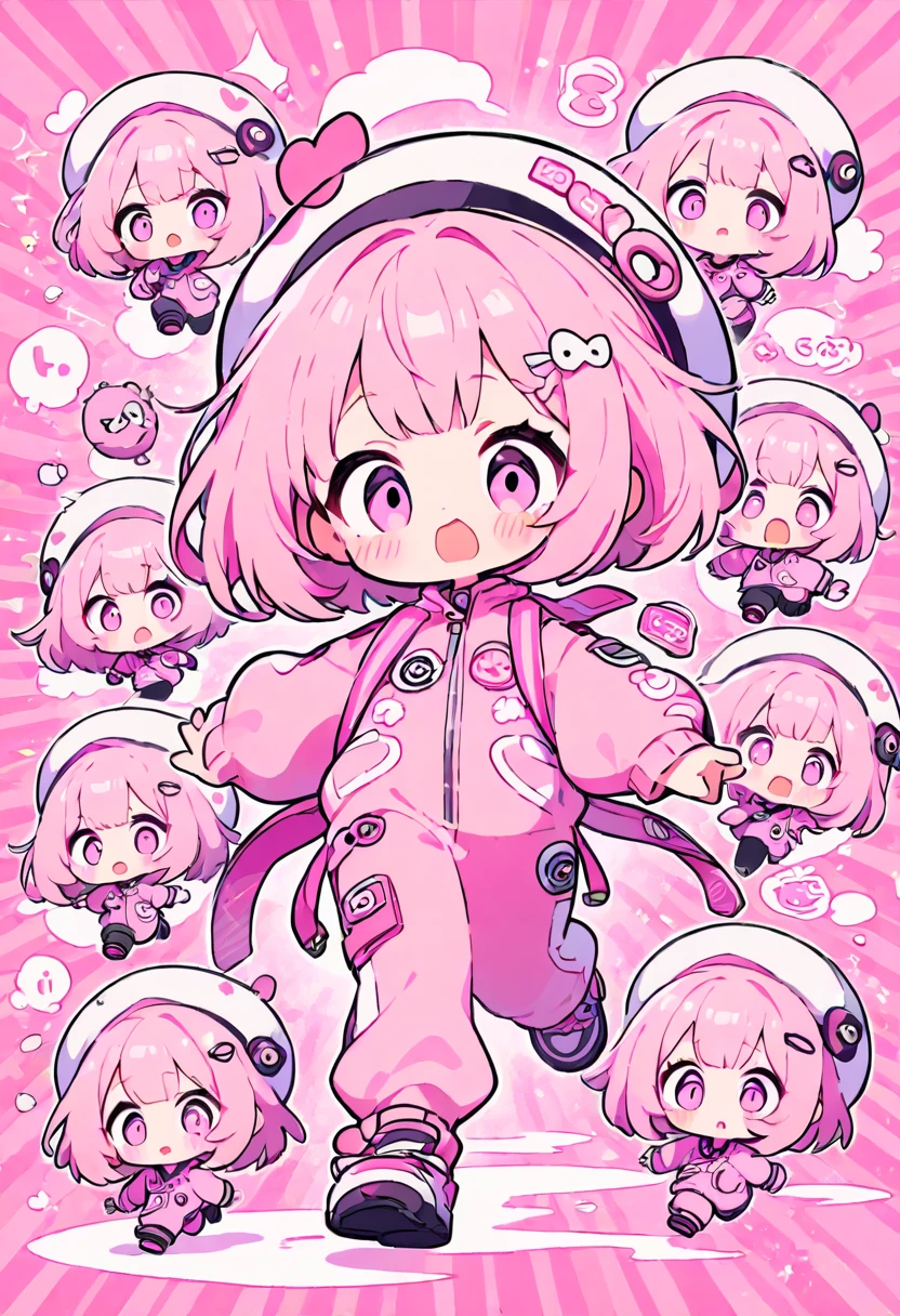 kawaii chibi character girl, pink bob haircut, cute big round eyes, expressive and various expressions, wearing baggy pink jumpsuit, baggy hat, running, background vivid color pattern patchwork wallpaper, conceptual installation art, BREAK delicate and dynamic textures, 2.5D, digital graphic CG, BREAK ultra detailed, absolutely resolution, best quality