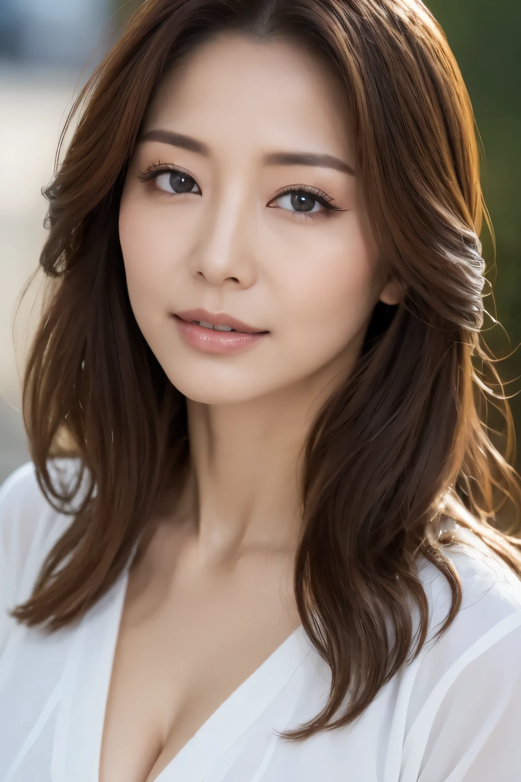(highest quality、table top、8k、best image quality、Award-winning work)、one beautiful woman、30 years old、(alone:1.1)、(Fixed front configuration:1.1)、(symmetrical configuration:1.1)、(Front photo from the chest up:1.1)、big and full breasts、(The most classy V-neck sleeveless tops:1.1)、look at me and smile、(strongly blurred park background:1.1)、droopy eyes、natural makeup、Ultra high definition beauty face、ultra high definition hair、Super high-definition sparkling eyes、Super high resolution glossy lips、accurate anatomy、(very bright and vivid:1.1)