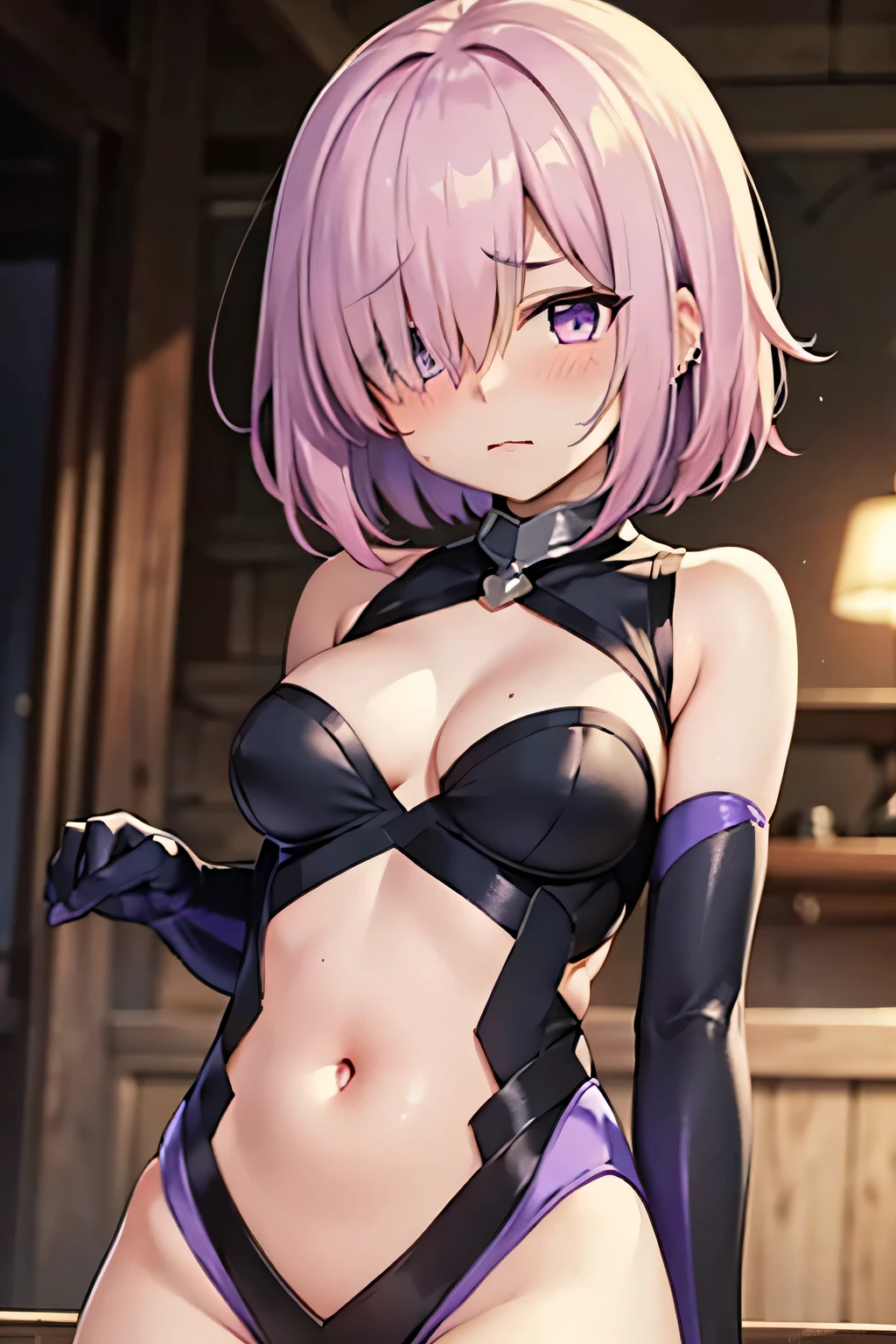 super fine illustration, vibrant colors, masterpiece, sharp focus, best quality, depth of field, cinematic lighting, ultra detailed, 1girl, solo, annoyed, navel cutout, black armor, Shielder, bare shoulder, elbow gloves, leotard, armored dress, black shield, stomach_cutout, Fate/Grand Order stage 1, outdoors, mash kyrielight, short hair, purple eyes, short hair, pink hair, pink hair hair over one eye, mature woman, looking down, leaning back, simple background, hand on own stomach,  v-shaped eyebrows, piercing