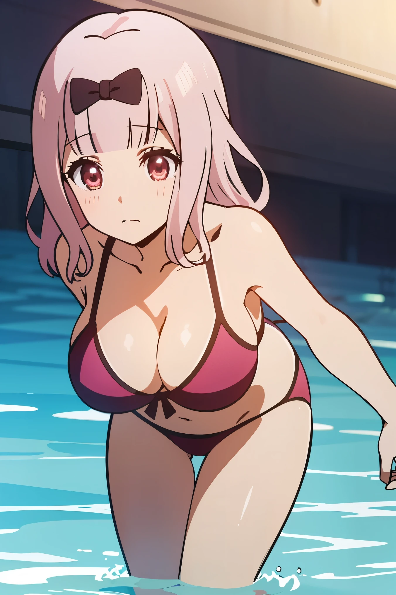 high quality, masterpiece, 1girl, solo, fujiwara chika (kaguya-sama), touch breasts, big breasts, pink bikini, in pool