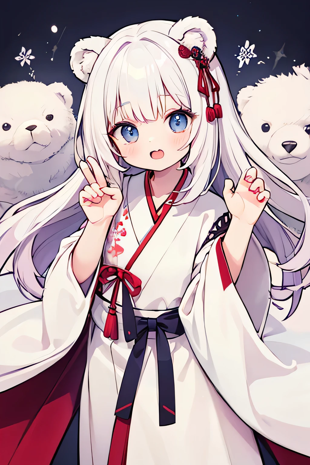 cute bear girl, Soft and fluffy, Wearing a cute hanbok, Make a cute face, strike a cute pose, White hair,