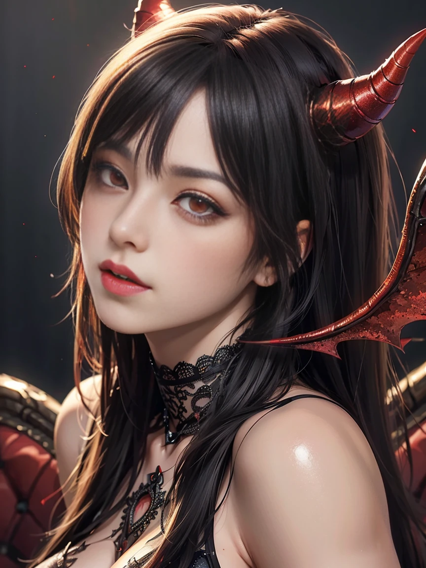 Ultra Detail, photograph, Realistic, (Best illustrations), Devil&#39;s Daughter, Succubus, of a dark fantasy character inspired by Dungeons  Dragons. 1 girl, night, Necromancer, With bat wings, Devil horns,  (Devil&#39;s Tail), wear (((Devil&#39;s Horn-Rimmed Round Glasses)))). She is a striking red, (Red eyes glow:1.6),  a beautiful countenance, (High Definition Skins:1.2), showcasing a blend of dark elegance  allure. Ponytail Distortion, Accentuate larger breasts  (((Huge boobs))), Pink nipples,  Toned waist, Body Up, With wide ass. Pink Cat, Beautiful expression, Include intricate details like a Red sparkling gemstone necklace hair adornments jewelry, Mysterious Aspects, cave, the best ratio of four fingers one thumb, masterpieces, Best Quality, Digital SLR,  Fine, Tyndall effect, soft, The best lighting  Shadows, Atmospheric cinema lighting, Ensuring ultra-high definition quality (16k ultra high quality) with Realistic textures, Especially on the skin,Shen