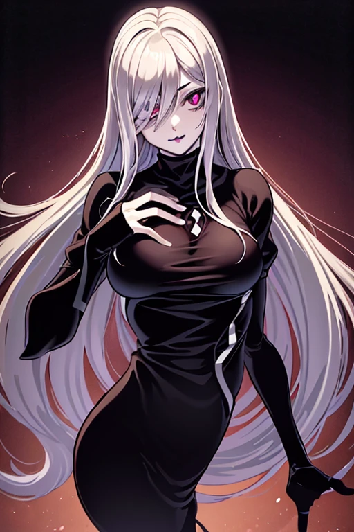 Fantasmatica waifu, by the wide, ojos morados, black lipstick, long white hair, big bust , (adventure), high resolution 