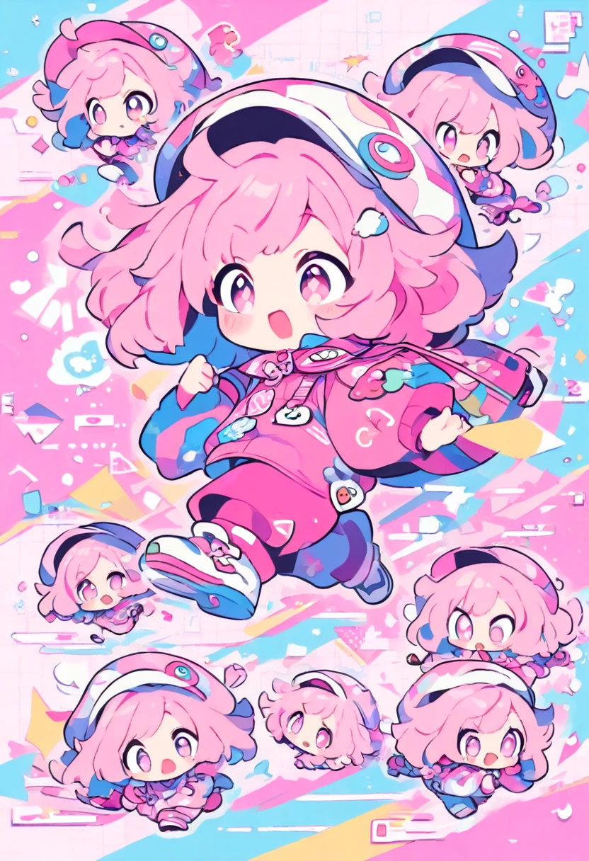 kawaii chibi character girl, pink bob haircut, cute big round eyes, expressive and various expressions, wearing baggy pink jumpsuit, baggy hat, running, background vivid color pattern patchwork wallpaper, conceptual installation art, BREAK delicate and dynamic textures, 2.5D, digital graphic CG, BREAK ultra detailed, absolutely resolution, best quality