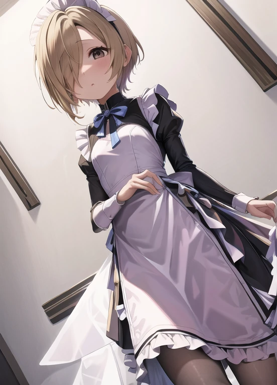 masterpiece, Best Quality, Super detailed, Illustration, One girl, Alone, Staring at the viewer, Shirasaka Koume, Blonde, hair over one eye, short hair, Brown eyes, Flat Chest,Hiding one eye,Hidden right eye, She wore a maid outfit and white tights.、Cute Anime Girl,Long skirt,Apron dress,Long sleeves,Moe sleeves,Hands hidden by sleeves
