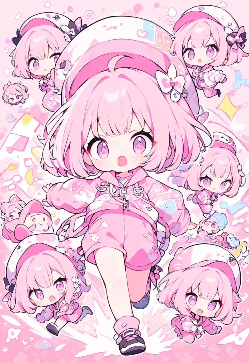 kawaii chibi character girl, pink bob haircut, cute big round eyes, expressive and various expressions, wearing baggy pink jumpsuit, baggy hat, running, background vivid color pattern patchwork wallpaper, conceptual installation art, BREAK delicate and dynamic textures, 2.5D, digital graphic CG, BREAK ultra detailed, absolutely resolution, best quality