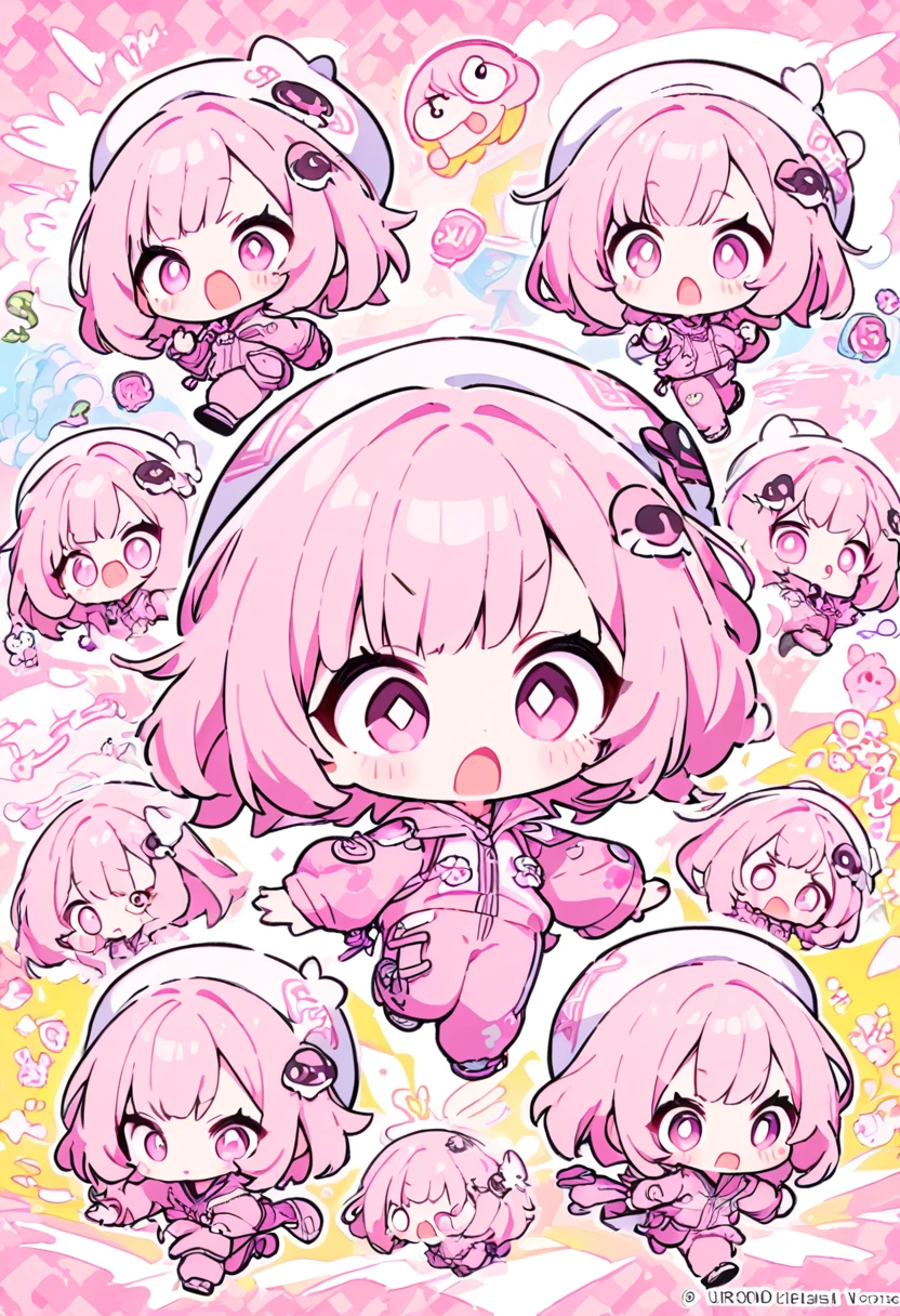 kawaii chibi character girl, pink bob haircut, cute big round eyes, expressive and various expressions, wearing baggy pink jumpsuit, baggy hat, running, background vivid color pattern patchwork wallpaper, conceptual installation art, BREAK delicate and dynamic textures, 2.5D, digital graphic CG, BREAK ultra detailed, absolutely resolution, best quality