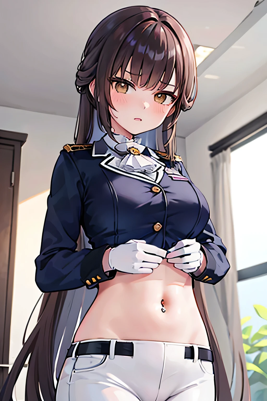 marciana \(nikke\),super fine illustration, vibrant colors, masterpiece, sharp focus, best quality, depth of field, cinematic lighting, ultra detailed,long hair, long sleeves, brown hair, white gloves, crop top, military uniform, navel piercing, tight pants, annoyed, looking down, 1girl, solo, brown eyes, blush, medium breasts, chestnut mouth, belly button, bellybutton, tummy, hand on own stomach, navel
