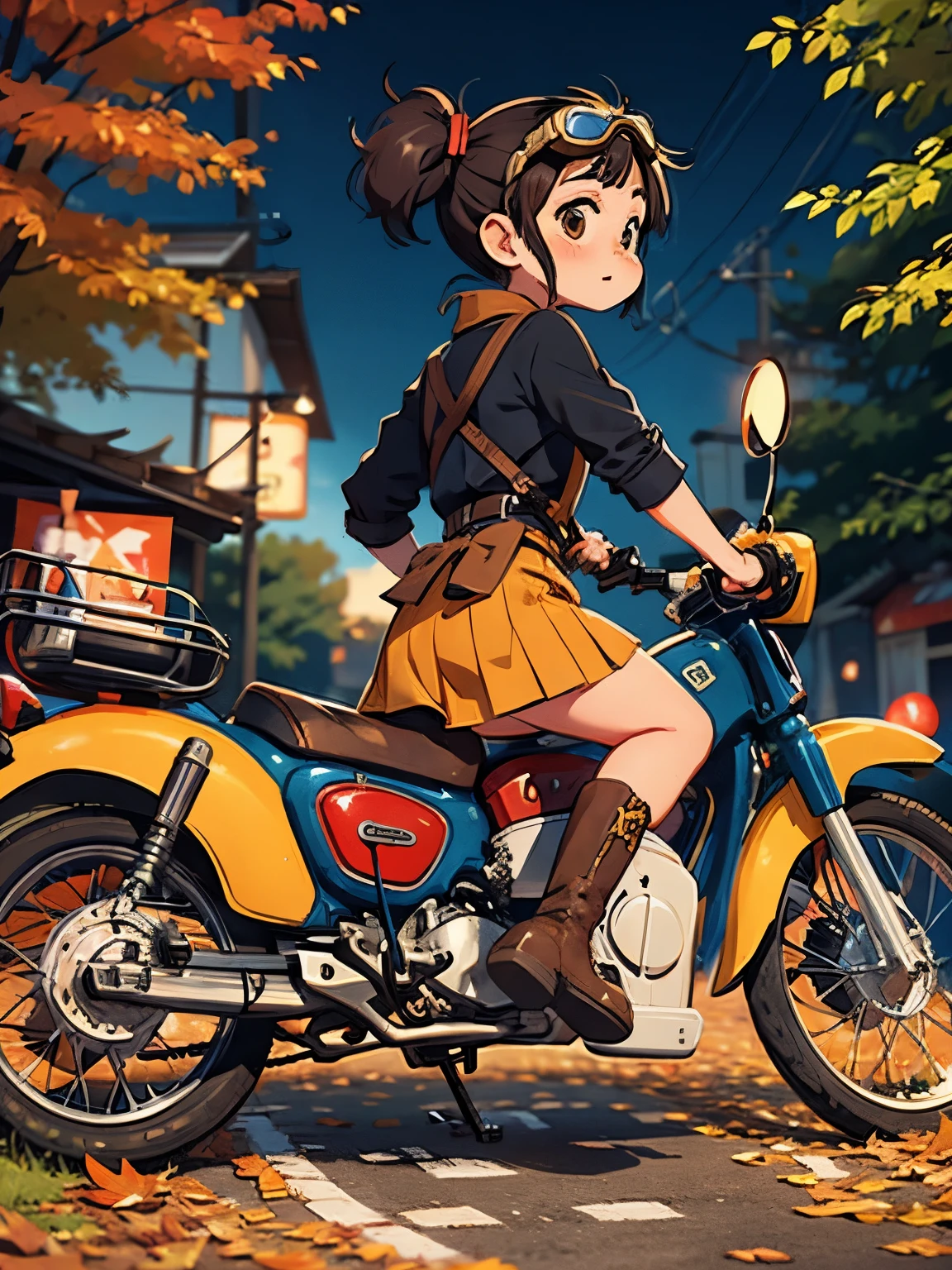 32K，UHD High Definition，Octane Rendering，Steampunk，(Ultra-fine: 1.2)，Young Super Cub Rider，night，Cute  alone，Very short stature，Very thin thighs，A yellow Super Cub fully loaded with luggage，Short dress，Semi-long twin tails，Black Hair，goggles，Black boots，Super Cub Details，To the city，Autumn leaves，Mid shot from behind,