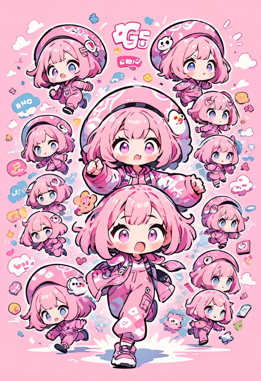 kawaii chibi character girl, pink bob haircut, cute big round eyes, expressive and various expressions, wearing baggy pink jumpsuit, baggy hat, running, background vivid color pattern patchwork wallpaper, conceptual installation art, BREAK delicate and dynamic textures, 2.5D, digital graphic CG, BREAK ultra detailed, absolutely resolution, best quality