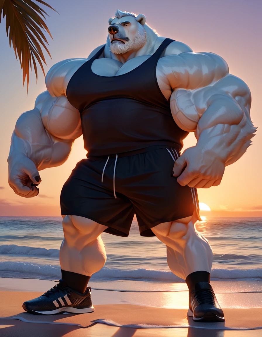 huge muscular polar bear in muscle beach, big bulk workout, grunting noise, polar bear, huge white fur, thick arm, huge arm, added gray mustache, added gray beard, Short white hair, weight: 350lbs, (veiny muscular, veiny pectoral, wide pectoral, thick arms), beach, palm, sunset, realistic, 8k, masterpiece, gray eyebrows added, deatiled eyes with blue pupils, (wearing black gym shorts, black wristbands, black gym tank top, black socks and black gym shoes),