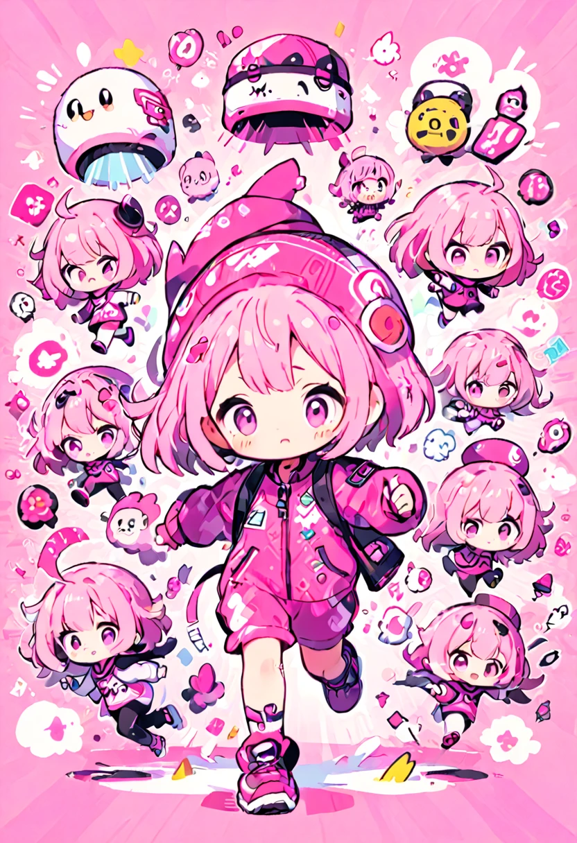 kawaii chibi character girl, pink bob haircut, cute big round eyes, expressive and various expressions, wearing baggy pink jumpsuit, baggy hat, running, background vivid color pattern patchwork wallpaper, conceptual installation art, BREAK delicate and dynamic textures, 2.5D, digital graphic CG, BREAK ultra detailed, absolutely resolution, best quality