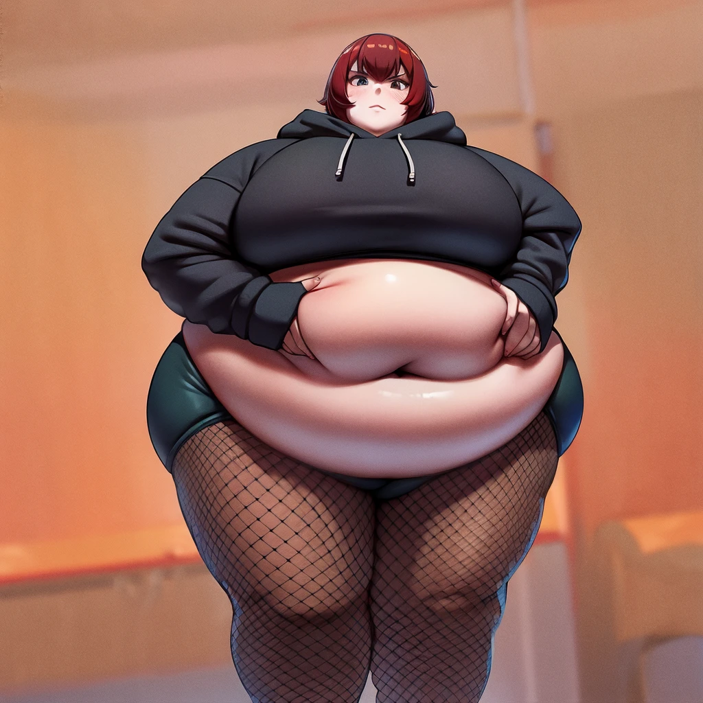 1girl, fat, big belly, big thighs, very big thighs, big butt, black hoodie, short red hair, black shorts, fishnets, hands on hips