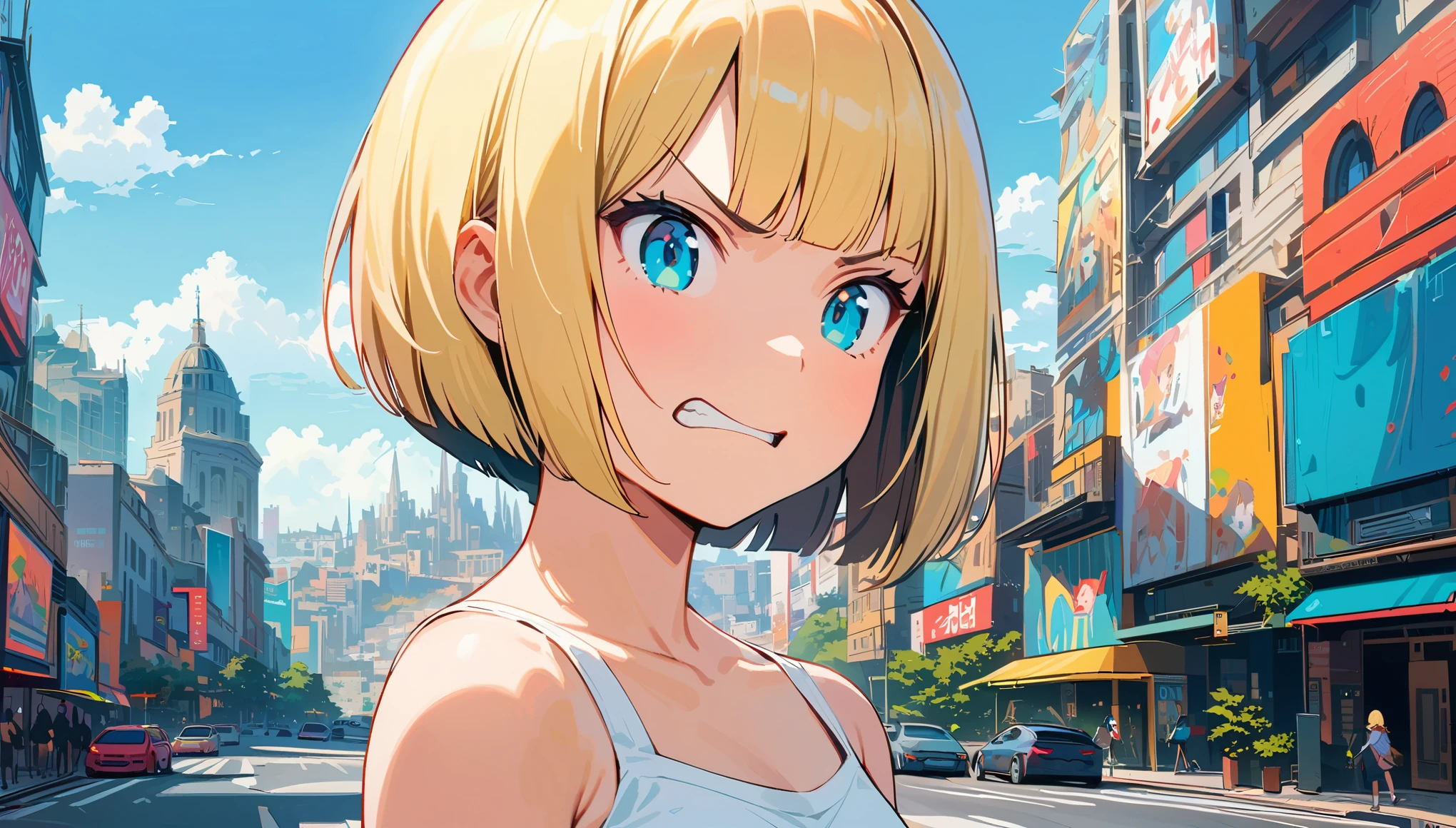 Best Quality, Super Fine, 8k, Very absurd, Very detailed, 2.5D, Beautiful Goddess,  City, Sunshine, Pop Art, Delicate and dynamic,, Blonde,Angry expression, Bobcut, Very young, 