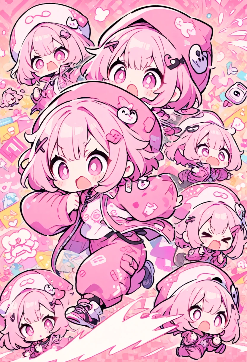 kawaii chibi character girl, pink bob haircut, cute big round eyes, expressive and various expressions, wearing baggy pink jumpsuit, baggy hat, running, background vivid color pattern patchwork wallpaper, conceptual installation art, BREAK delicate and dynamic textures, 2.5D, digital graphic CG, BREAK ultra detailed, absolutely resolution, best quality