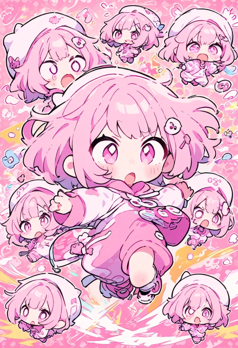 kawaii chibi character girl, pink bob haircut, cute big round eyes, expressive and various expressions, wearing baggy pink jumpsuit, baggy hat, running, background vivid color pattern patchwork wallpaper, conceptual installation art, BREAK delicate and dynamic textures, 2.5D, digital graphic CG, BREAK ultra detailed, absolutely resolution, best quality