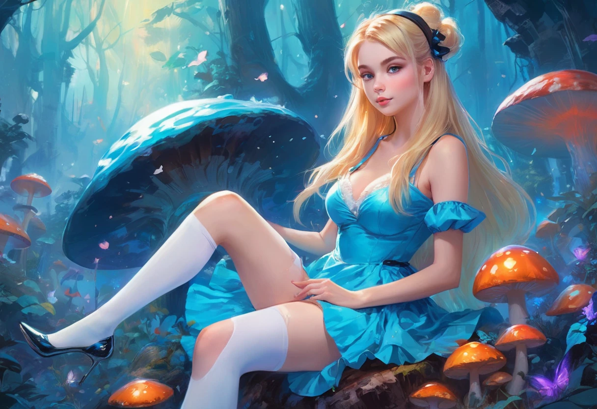 a beautiful 20 year old blonde woman with big messy hair in a blue dress, white stockings, black headband, cleavage, holding a glowing mushroom, sitting on a giant mushroom, fantasy art style, rossdraws cartoon vibrant, alice x. zhang, alice in wonderland cyberpunk, cute detailed digital art, colorfull digital fantasy art, digital fantasy art ), glossy digital painting, rossdraws pastel vibrant, rossdraws 2. 5, rossdraws 1. 0