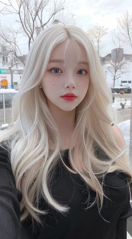 a woman with long blonde hair and a black top posing for a selfie, perfect white haired girl, long white hair and bangs, white beautiful hair, with white long hair, flowing white hair, girl with white hair, with long white hair, her hair is white, long wavy white hair, white haired, white-hair pretty face, long flowing white hairskydoll noa, artdoll, pale milky white porcelain skin, dollfie dream, anime barbie doll, detailed body and eyes, ball jointed doll, 🤤 girl portrait, hyper realistic aesthetic, small freckles, hyper realistic teenager, barbie doll, freckles!!!, detailed face, realistic, Físico : el abdomen más pequeño jamás visto, jisoo from blackpink, popular south korean makeup, quality detailed ,(beautiful makeup :1.2),