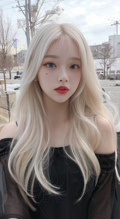 a woman with long blonde hair and a black top posing for a selfie, perfect white haired girl, long white hair and bangs, white beautiful hair, with white long hair, flowing white hair, girl with white hair, with long white hair, her hair is white, long wavy white hair, white haired, white-hair pretty face, long flowing white hairskydoll noa, artdoll, pale milky white porcelain skin, dollfie dream, anime barbie doll, detailed body and eyes, ball jointed doll, 🤤 girl portrait, hyper realistic aesthetic, small freckles, hyper realistic teenager, barbie doll, freckles!!!, detailed face, realistic, Físico : el abdomen más pequeño jamás visto, jisoo from blackpink, popular south korean makeup, quality detailed ,(beautiful makeup :1.2),