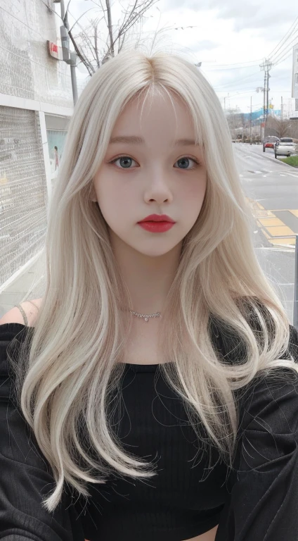 a woman with long blonde hair and a black top posing for a selfie, perfect white haired girl, long white hair and bangs, white beautiful hair, with white long hair, flowing white hair, girl with white hair, with long white hair, her hair is white, long wavy white hair, white haired, white-hair pretty face, long flowing white hairskydoll noa, artdoll, pale milky white porcelain skin, dollfie dream, anime barbie doll, detailed body and eyes, ball jointed doll, 🤤 girl portrait, hyper realistic aesthetic, small freckles, hyper realistic teenager, barbie doll, freckles!!!, detailed face, realistic, Físico : el abdomen más pequeño jamás visto, jisoo from blackpink, popular south korean makeup, quality detailed ,(beautiful makeup :1.2),