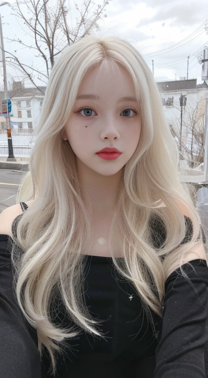 a woman with long blonde hair and a black top posing for a selfie, perfect white haired girl, long white hair and bangs, white beautiful hair, with white long hair, flowing white hair, girl with white hair, with long white hair, her hair is white, long wavy white hair, white haired, white-hair pretty face, long flowing white hairskydoll noa, artdoll, pale milky white porcelain skin, dollfie dream, anime barbie doll, detailed body and eyes, ball jointed doll, 🤤 girl portrait, hyper realistic aesthetic, small freckles, hyper realistic teenager, barbie doll, freckles!!!, detailed face, realistic, Físico : el abdomen más pequeño jamás visto, jisoo from blackpink, popular south korean makeup, quality detailed ,(beautiful makeup :1.2),