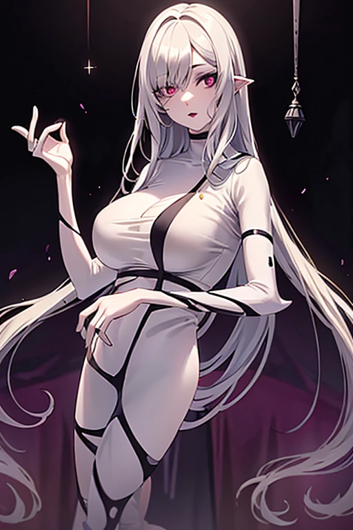 Fantasmatica waifu, with a long tight white dress , by the wide, ojos morados, black lipstick, long white hair blanco, big bust , (adventure), high resolution 