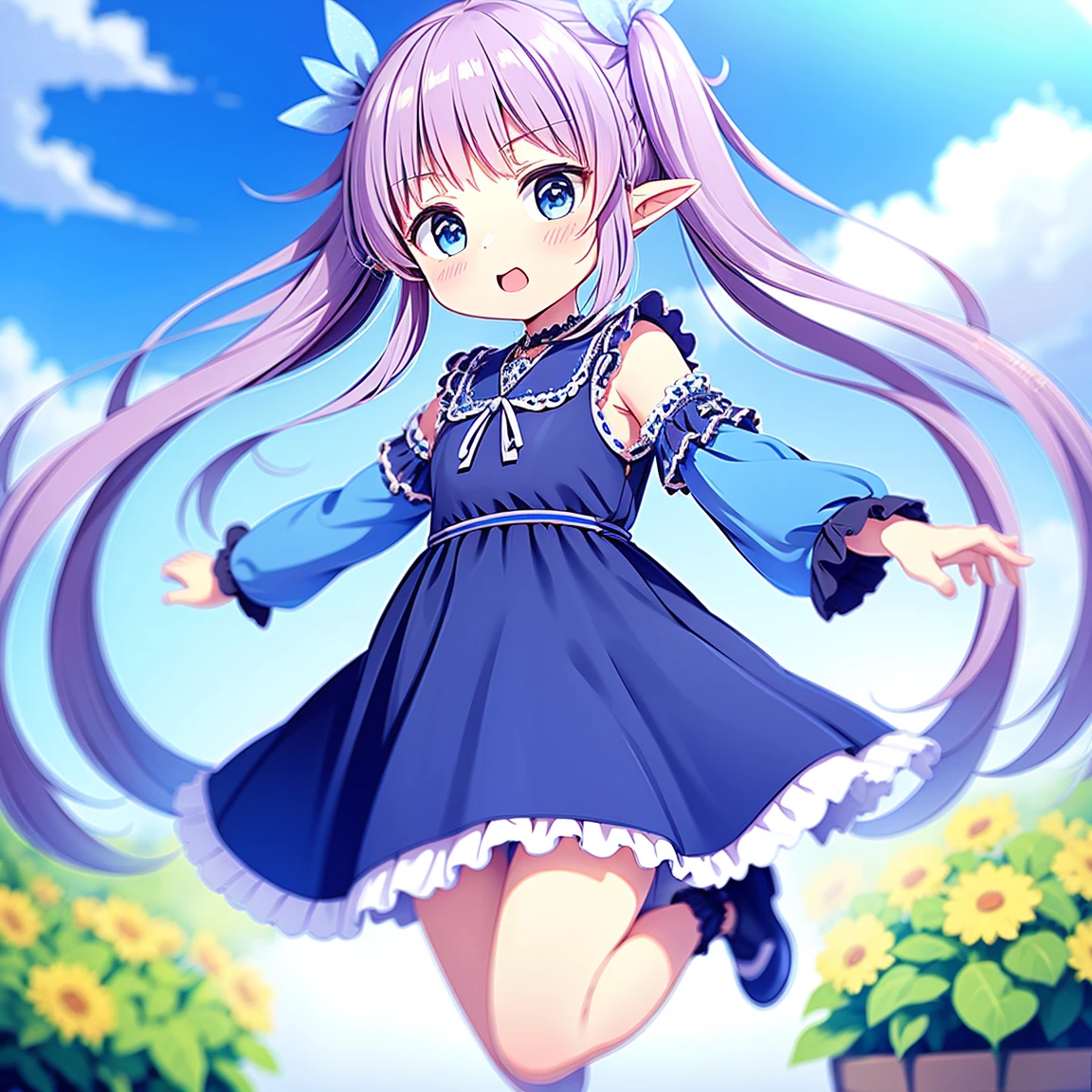 (masterpiece, Best Quality), my, Frills, Blue Dress, Short puffed sleeves, Blue ribbon, happy, Jump