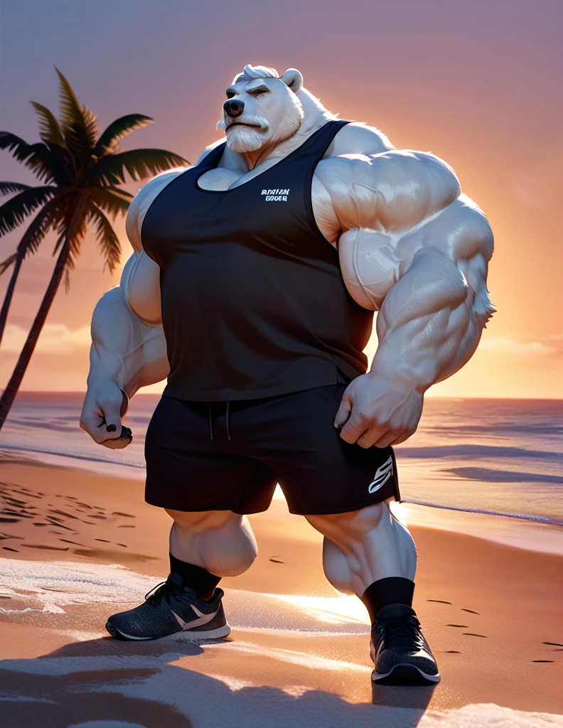 huge muscular polar bear in muscle beach, big bulk workout, grunting noise, polar bear, huge white fur, thick arm, huge arm, added gray mustache, added gray beard, Short white hair, weight: 350lbs, (veiny muscular, veiny pectoral, wide pectoral, thick arms), beach, palm, sunset, realistic, 8k, masterpiece, gray eyebrows added, added eyes with blue pupils, (wearing black gym shorts, black wristbands, black gym tank top, black socks and black gym shoes),