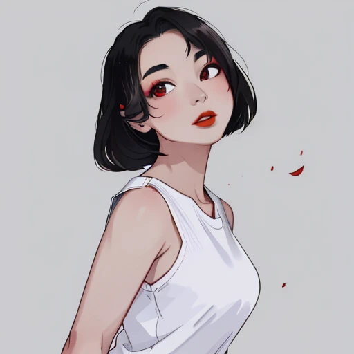 Samdoarts; Award-winning portrait of a beautiful woman wearing a crop top and half-body cargo pants, paint splatter, hair in a bun, splatter, outrun, steamer, digital arts, trends on ArtStation, higly detailed, finely detail, an intricate