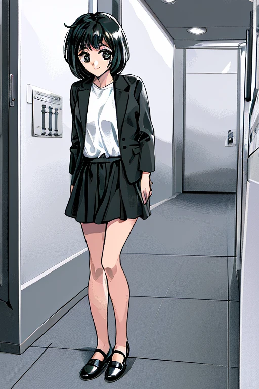 1 girl, short black hair, short black skirt, white shirt, black jacket, black shoes, back hallway, looking at the viewer, (little smile)