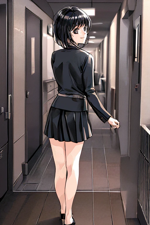 1 girl, short black hair, short black skirt, white shirt, black jacket, black shoes, back hallway, looking at the viewer, (little smile)