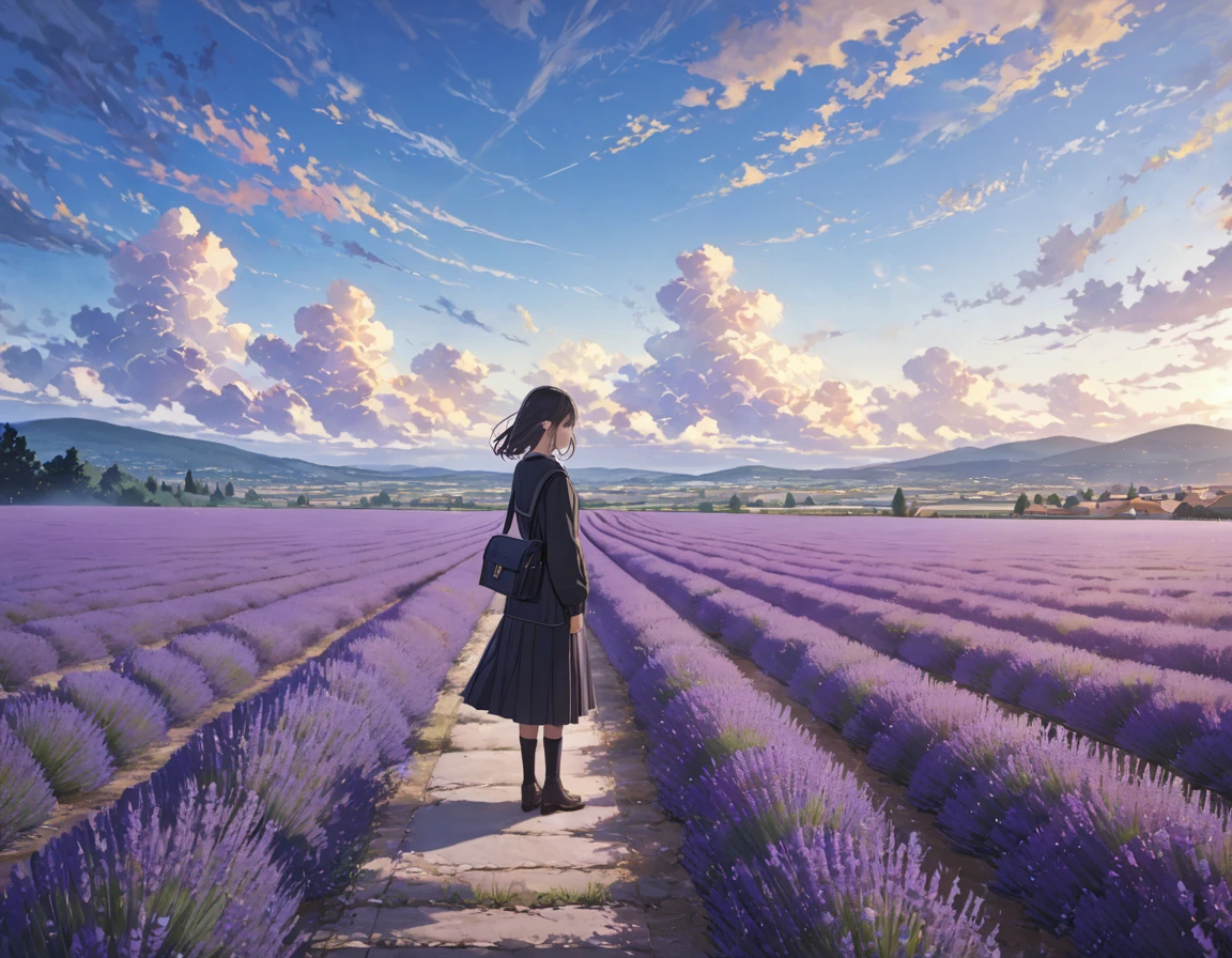 anime、((Amazingly absurd)),(masterpiece:1.2),超High resolution, Attention to detail, high quality, High resolution, 最high quality, 4K, 8k、One woman,Standing,Lavender fields in the background,I can see the horizon,Daytime view,move,Sadness,A scene from a movie