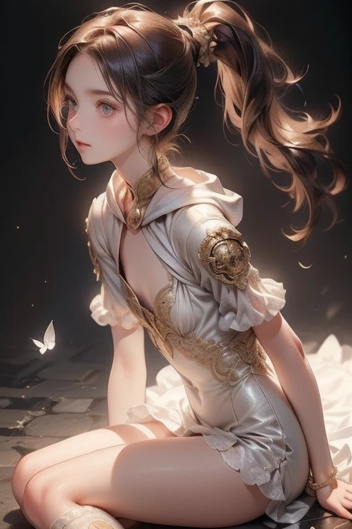 (((masterpiece, Best Quality, Super detailed))), (Young  knight of the occult cult), Baby Face，Edwardian/Victorian inspiration, ((Simple yet beautiful armor)), ((A fluttery lace flared dress with a frilled petticoat)), ((((Highly detailed face))), ((ponytail, thick ponytail, heavy ponytail)), (((Very sharply focused eyes))), Very long eyelashes, Very short stature:1.1，Very small ass，Thin thighs，(Resolved Expression), (Resolute expression),  (((Very flat chest:1.1))), Occult Aesthetics, (Red and white outfit Detailed and intricate steampunk and detailed gothic), (Hooded), Thigh-high flare socks, Intricate lace boots，