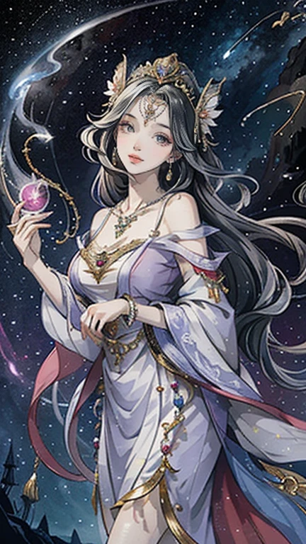 （masterpiece，Best Quality，High resolution, Unity8k wallpaper, Official Art), (One young beautiful girl), colorful, Detailed illustration art, Super detailed，Large Breasts, (Intertwined, Datura stramonium, Tangle), The Goddess, White lace dress, Silver Tiara, necklace, earrings, Gold Bracelet, Off the shoulder, Look at me and smile, Divine Light, Like a painting, flash drawing，Vibrant colors, Perfect Majic, Fantasy World, background, star雲, star, milky way, Detailed digital art, 